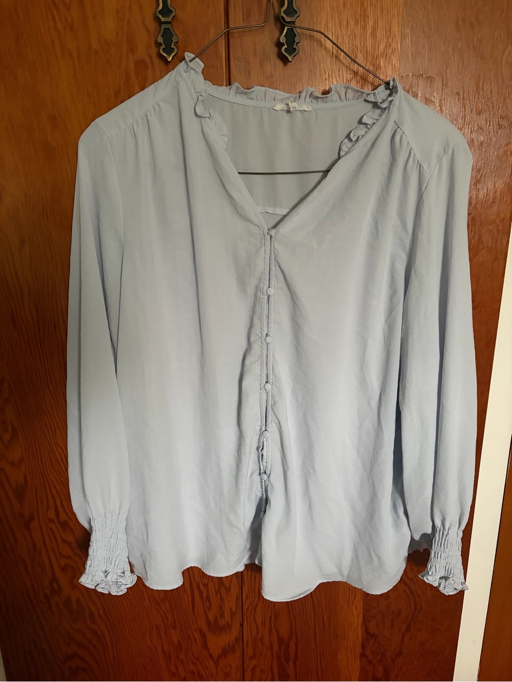 Maurices Pale Blue Ruffle-Trim Button Front Blouse